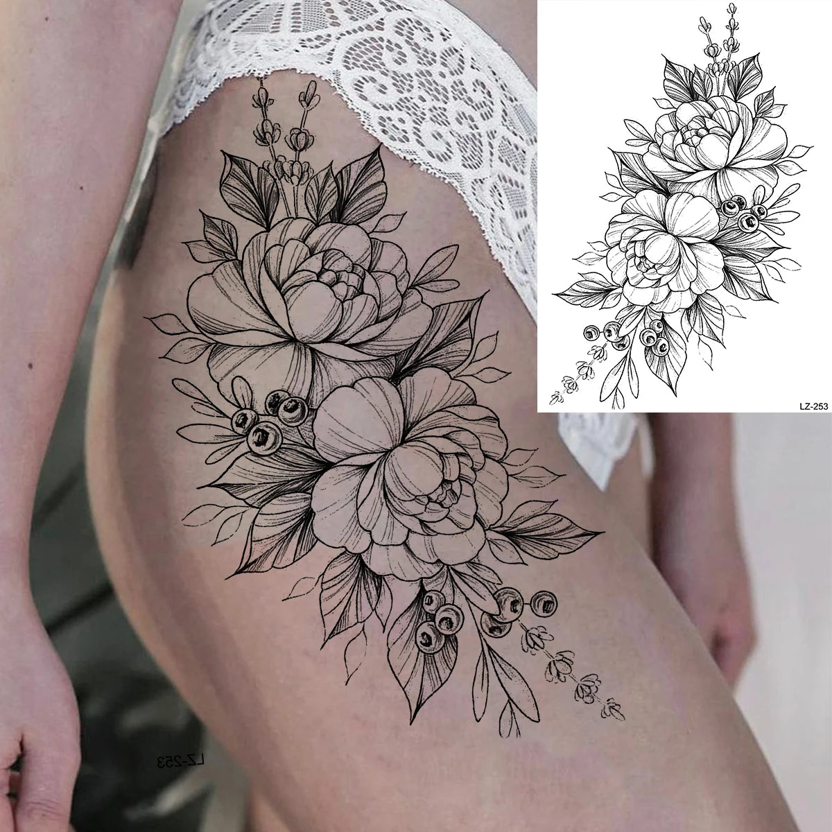 Black Rose Flower Sexy Temporary Tattoos For Women Adult Thigh Peony Skull Realistic Fake Tattoo Sexy Washable Tatoos Sticker