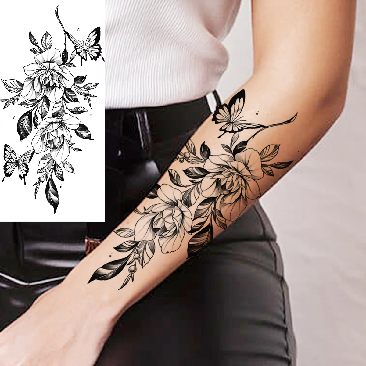 Black Realistic Rose Flower Temporary Tattoos For Women Adult Girl Peony Realistic Fake Tattoowashable Half Sleeve Tatoos Decal