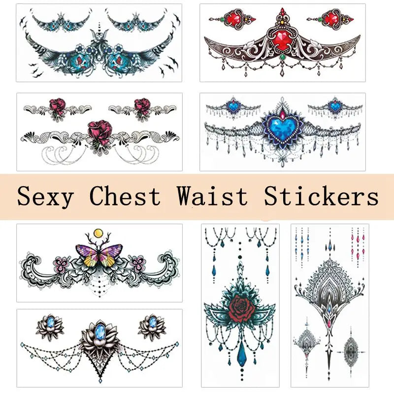New Temporary Tatoo for Women Sexy Chest Waist Stickers Clavicle Big FakeTattoo Art Deco Beauty Scar Waterproof Tattoo Stickers