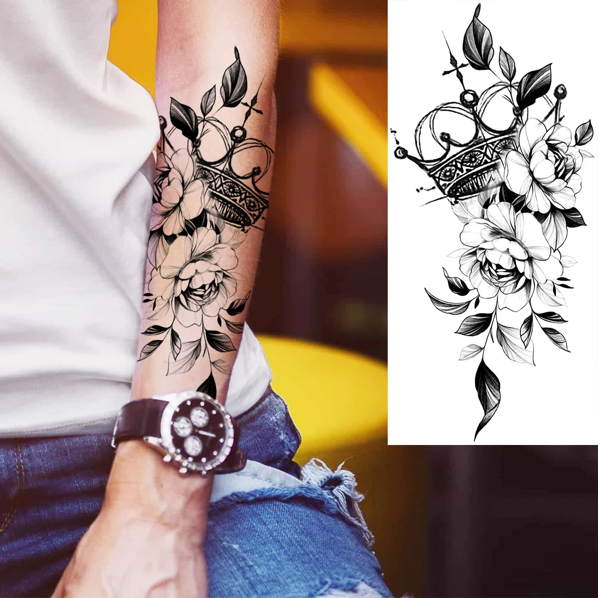 Black Realistic Rose Flower Temporary Tattoos For Women Adult Girl Peony Realistic Fake Tattoowashable Half Sleeve Tatoos Decal