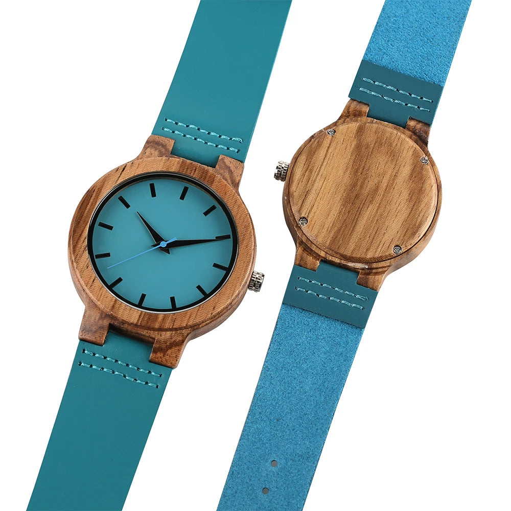 Luxury Royal Blue Quartz Wooden Wristwatch Genuine Leather Strap Valentine's Day Gifts for Men Women