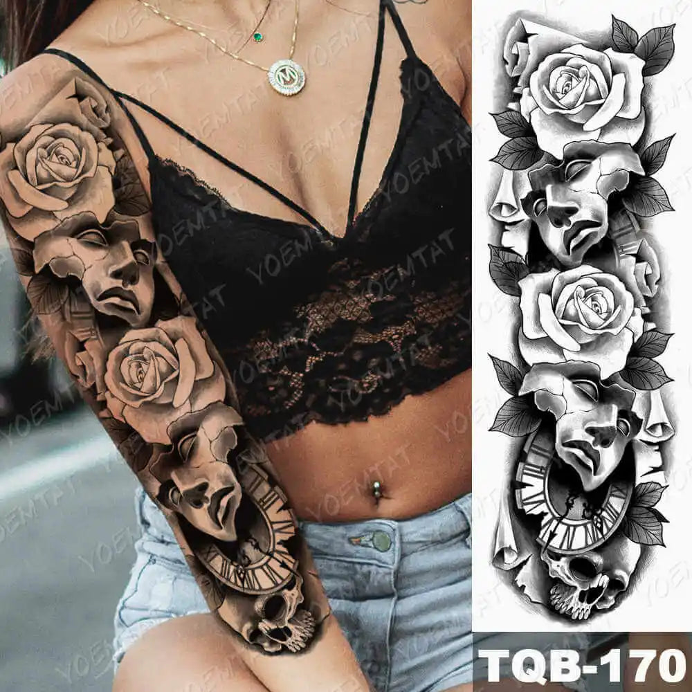 Large Arm Sleeve Tattoo Gun Rose Lion Waterproof Temporary Tattoo Sticker Clock Flower Waist Leg Body Art Full Fake Tatoo Women