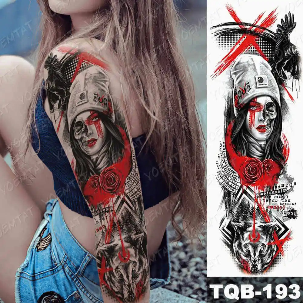 Large Arm Sleeve Tattoo Gun Rose Lion Waterproof Temporary Tattoo Sticker Clock Flower Waist Leg Body Art Full Fake Tatoo Women