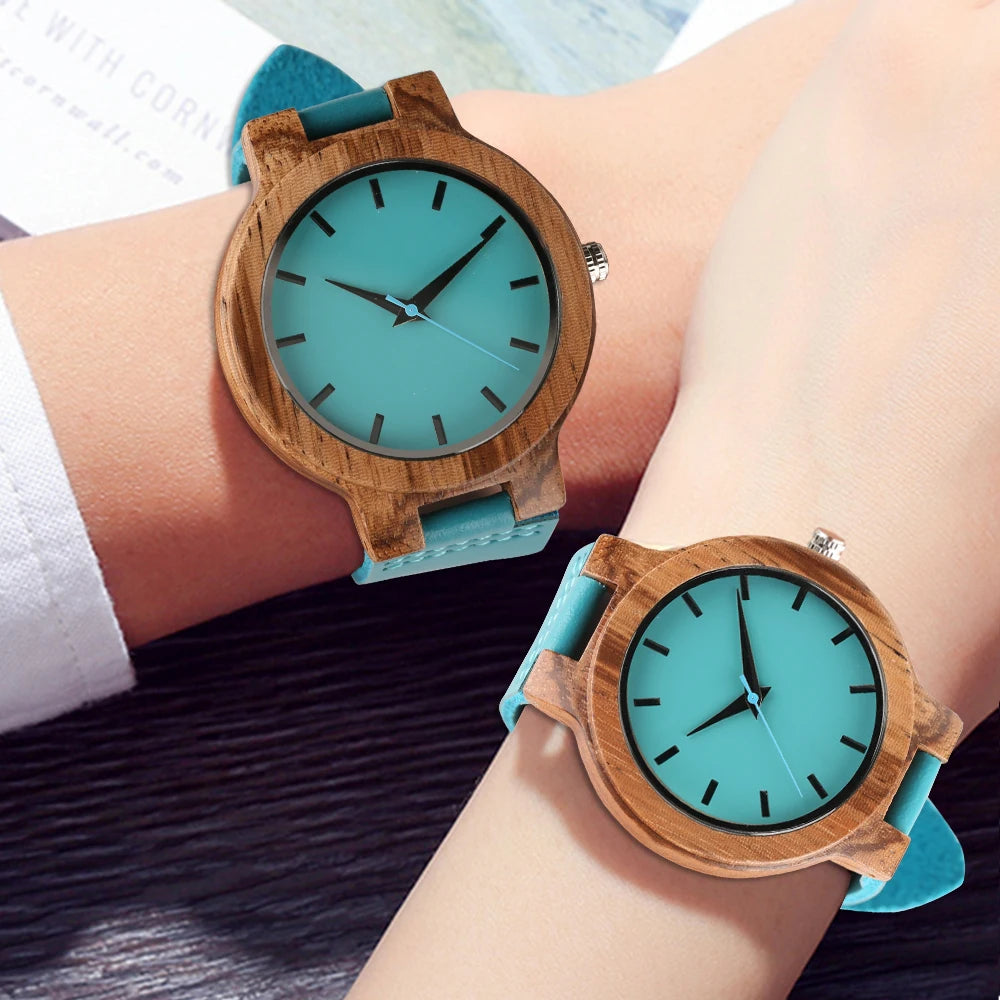 Luxury Royal Blue Quartz Wooden Wristwatch Genuine Leather Strap Valentine's Day Gifts for Men Women