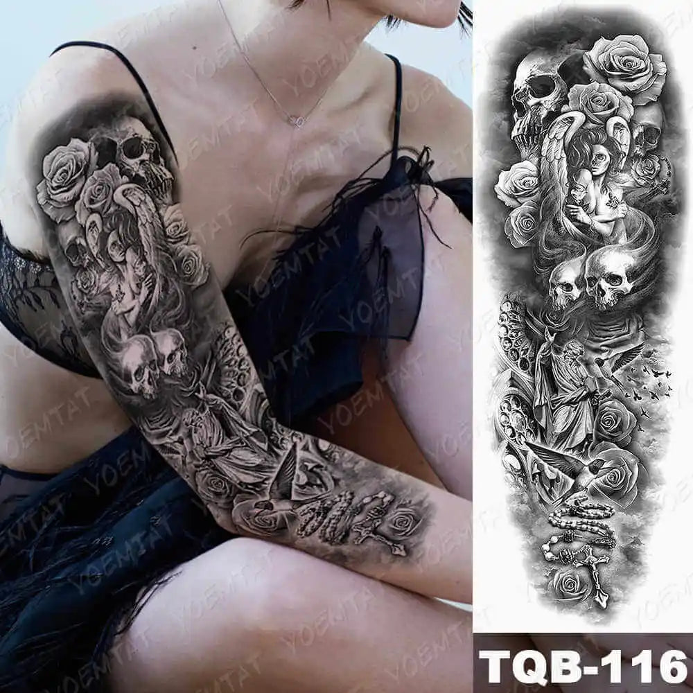 Large Arm Sleeve Tattoo Gun Rose Lion Waterproof Temporary Tattoo Sticker Clock Flower Waist Leg Body Art Full Fake Tatoo Women