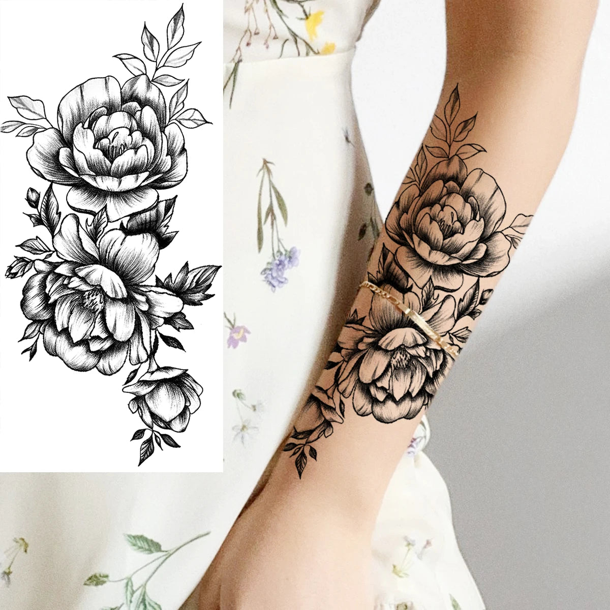 Black Realistic Rose Flower Temporary Tattoos For Women Adult Girl Peony Realistic Fake Tattoowashable Half Sleeve Tatoos Decal
