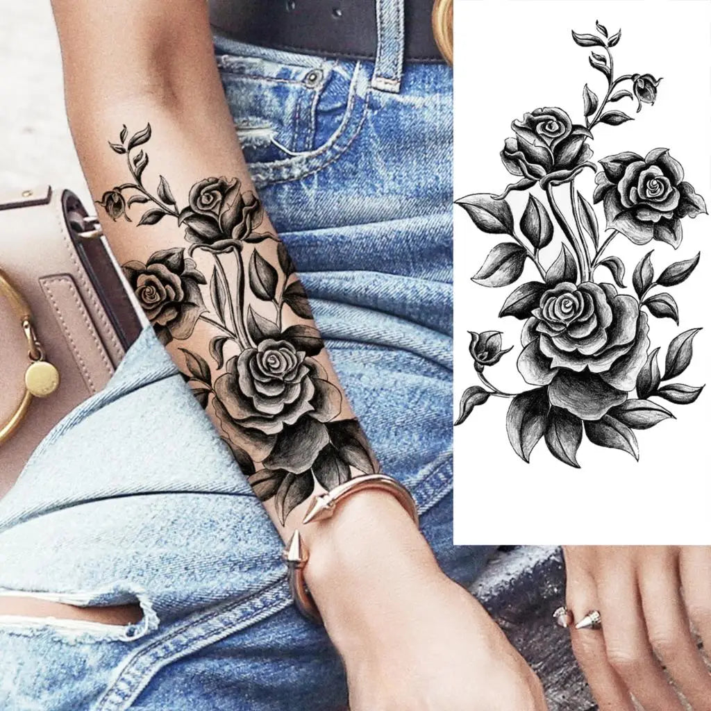 Black Realistic Rose Flower Temporary Tattoos For Women Adult Girl Peony Realistic Fake Tattoowashable Half Sleeve Tatoos Decal