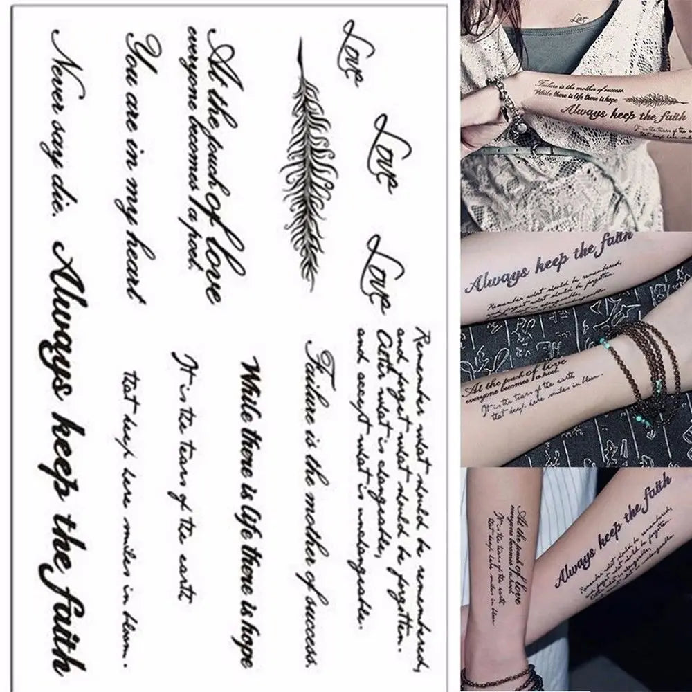 Tattoo Stickers English Word Waterproof Long Lasting Realistic Transfer Temporary Black Letters Feather Body Art For Men Women