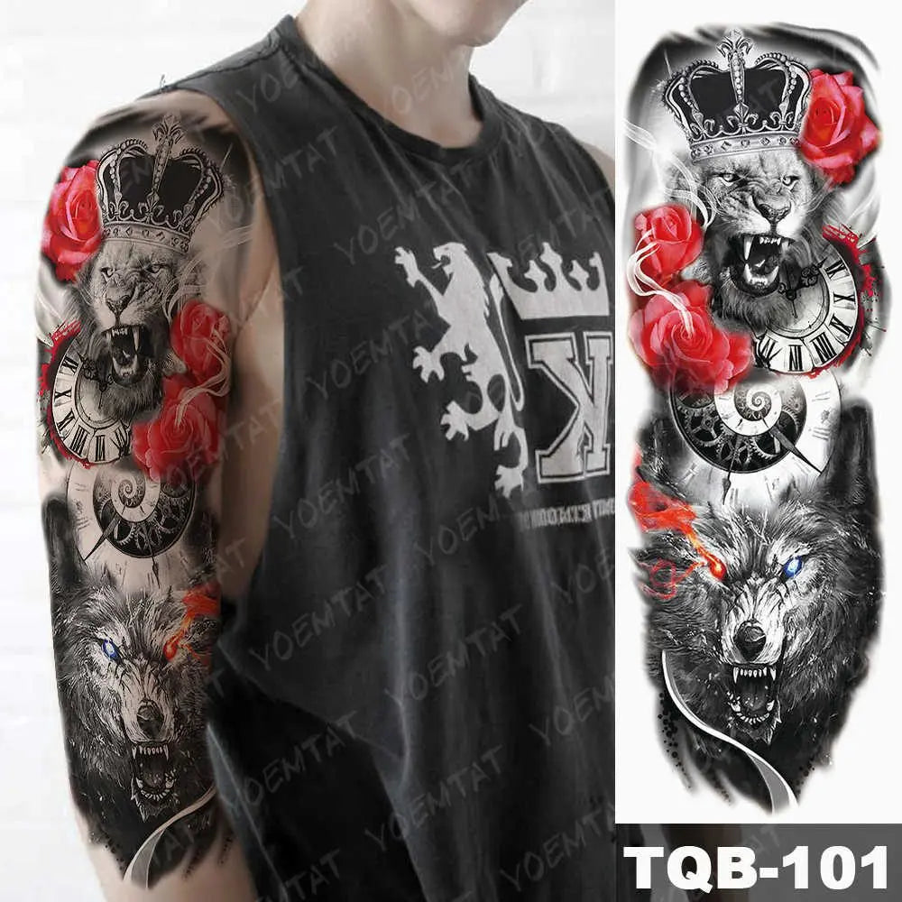 Large Arm Sleeve Tattoo Gun Rose Lion Waterproof Temporary Tattoo Sticker Clock Flower Waist Leg Body Art Full Fake Tatoo Women