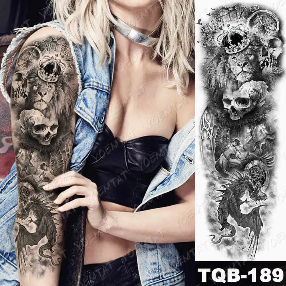 Large Arm Sleeve Tattoo Gun Rose Lion Waterproof Temporary Tattoo Sticker Clock Flower Waist Leg Body Art Full Fake Tatoo Women