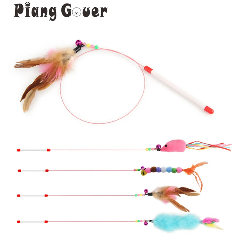 Steel Wire Teasing Cat Stick Long Fish Mouse Ball Feather with Bell Pet Toys Interactive Funny Cat Toy Wand