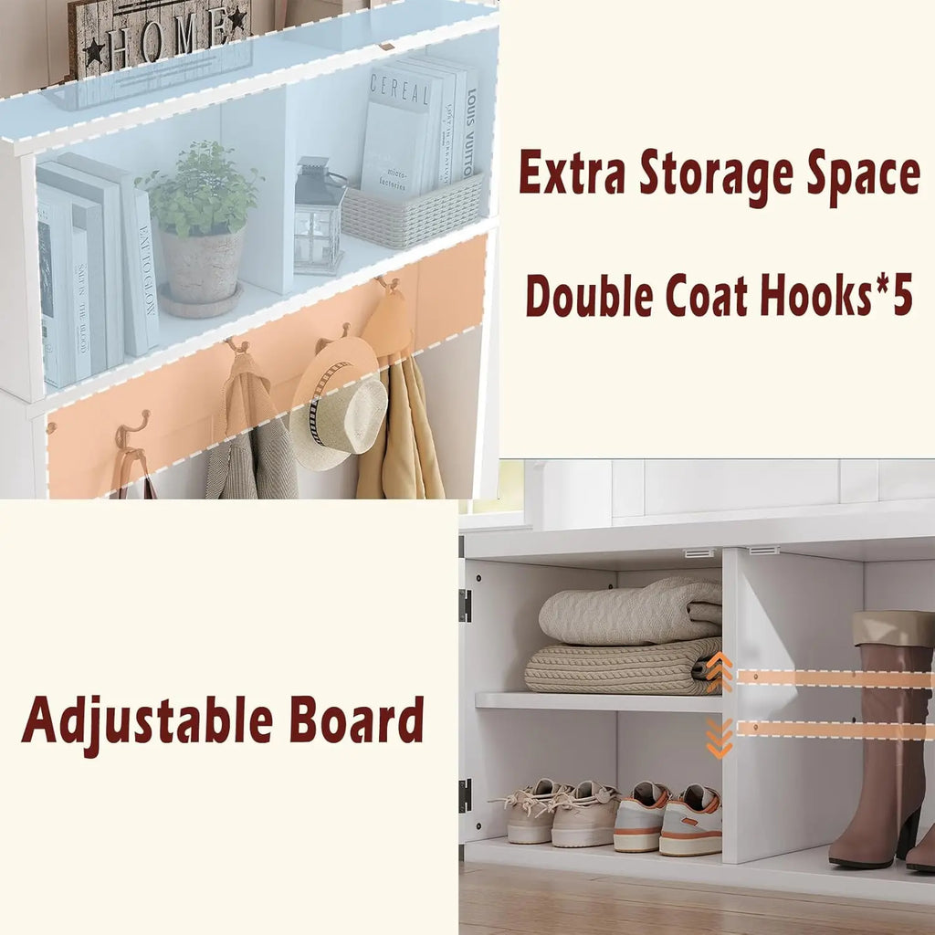 76" Hall Tree with Bench and Shoe Storage, Farmhouse 4-in-1 Entryway with Coat Rack & 5 Tri-Hooks, Adjustable Shelf, White Mudro
