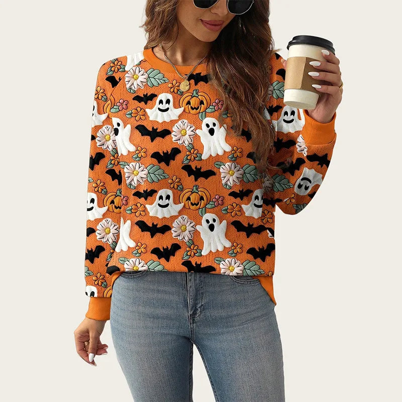 Autumn and Winter New Ghost Pumpkin Halloween Pullover Sweatshirt for Women, Plus Size