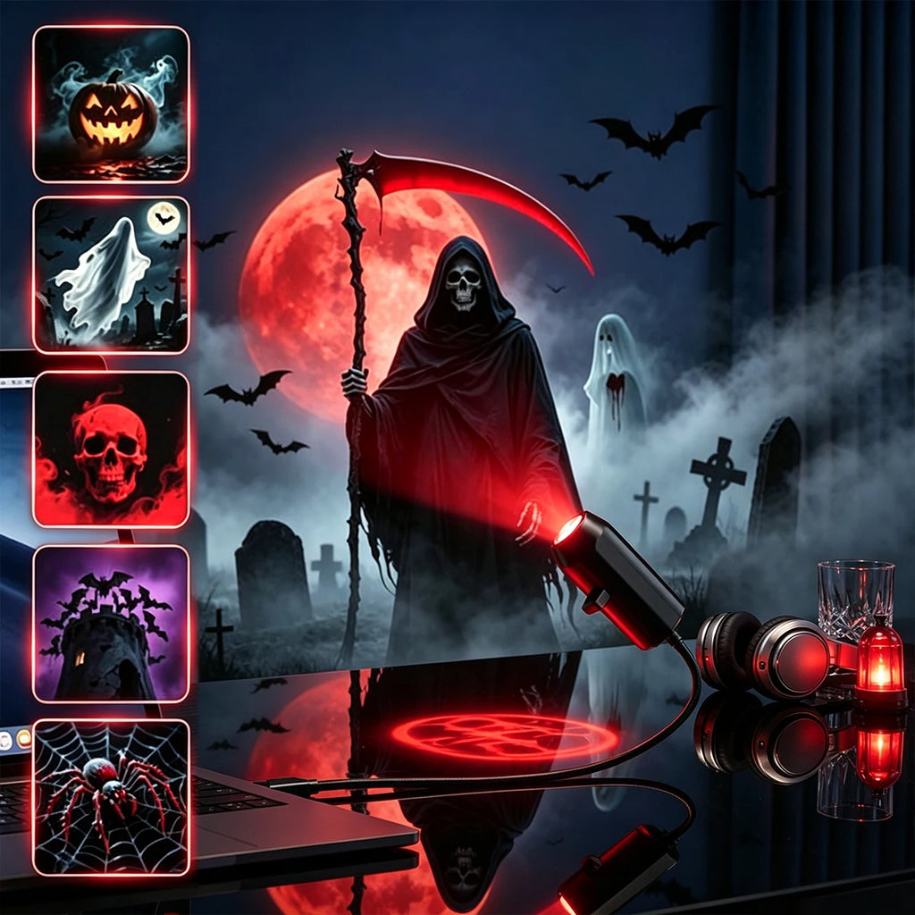 Halloween Projector Light 6 Patterns Mini LED Spooky Projection Lamp Bat Skull Ghost Spider Atmosphere Light Home Party Decor