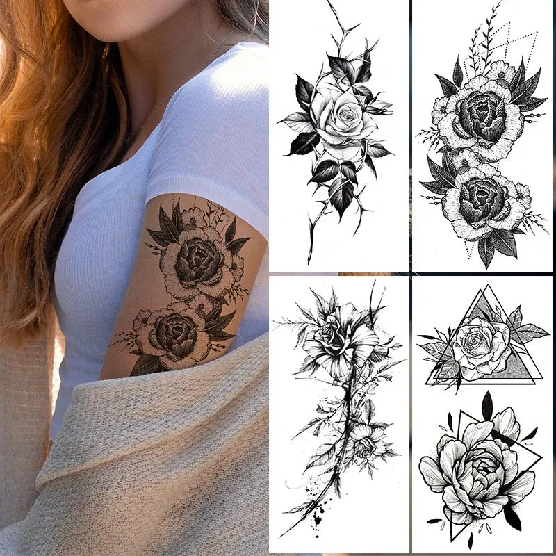 Women Sexy Temporary Tattoo Stickers Black Roses Pattern Full Flower Design Used for Arm Body Art Big Large Fake Tattoo Stickers