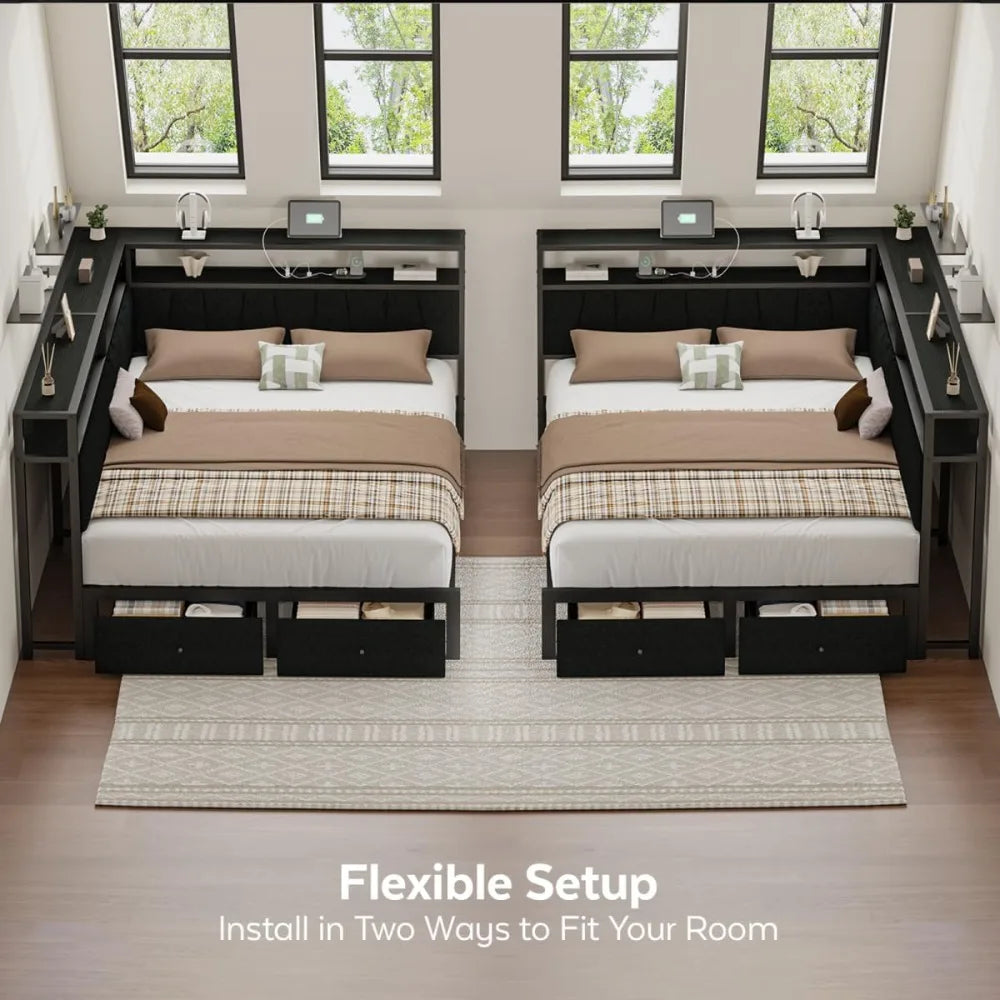 Queen Corner Bed Frame with Storage Drawers, LED Lights & Charging Station, Upholstered Metal Platform Daybed