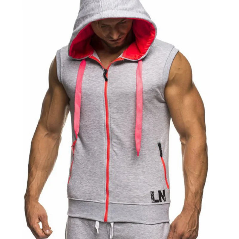 Men's Tank Top Summer Men's Clothing Casual Solid Sleeveless Tank Tops Hooded Zipper Men's Vest Bodybuilding Sportswear M-XXXL