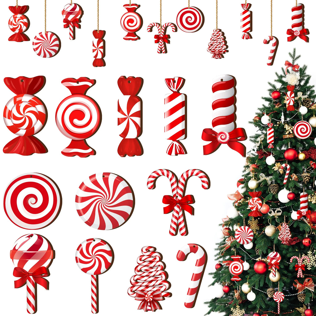 24/36Pcs Wood Peppermint Candy Cane Ornaments with Jute Rope - Red & White Swirl Suitable for Christmas Tree Decorations,Holiday