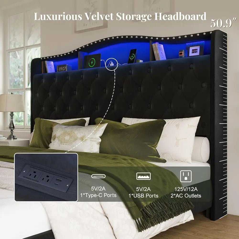 Belin King Size Bed e and board, 50.9" Velvet Upholstered Wingback Bede with LED Lights & Storage/Charging Station, Button Tuted