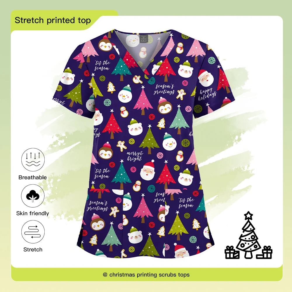Christmas Print Scrubs Tops Women Short Sleeve V-neck Blouse Nurse Uniforms T-Shirt Medical Working Uniform Veterinary Workwear