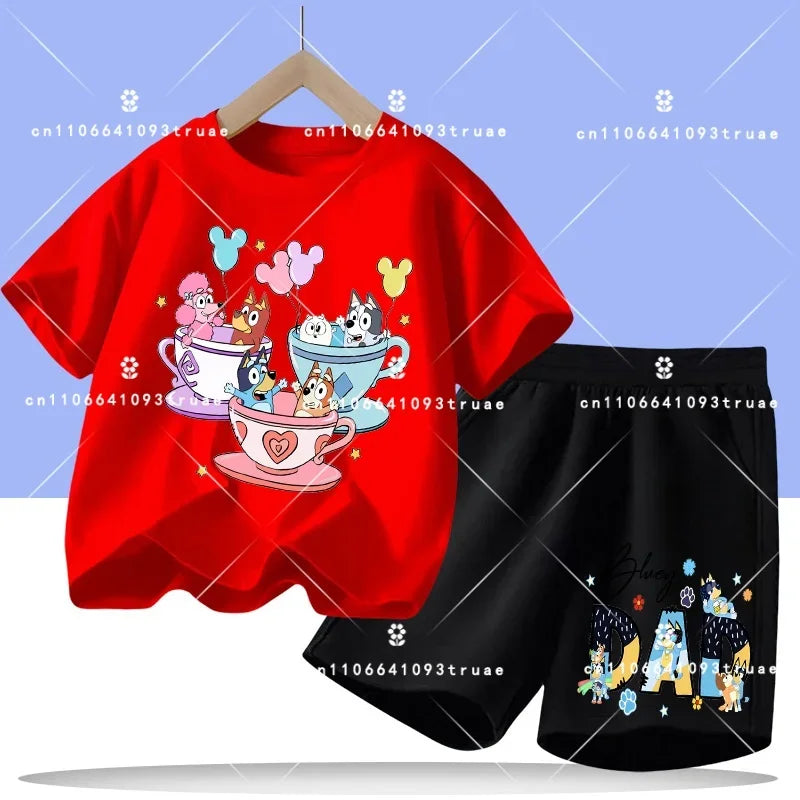 2026 summer T-shirt, 2-piece set Bluey children's 100% cotton short-sleeved set for boys - boys' sports shirt, girls' casual top