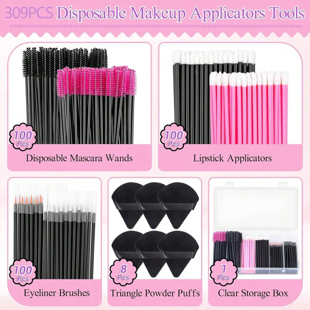 309-Piece Professional Disposable Makeup Kit - Triangular Puffs, Mascara Wands,Cosmetic Applicators - Hygienic Beauty Tools Set
