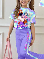 Girl K-Pop Cartoon Idol Print 2-piece Set Pink Tie Dye Short Sleeved T-shirt Purple Flared Pants Children's Casual Sportswear