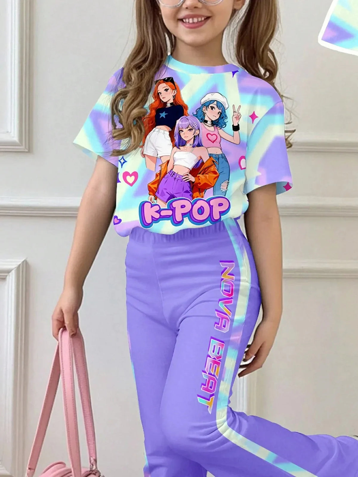 Girl K-Pop Cartoon Idol Print 2-piece Set Pink Tie Dye Short Sleeved T-shirt Purple Flared Pants Children's Casual Sportswear