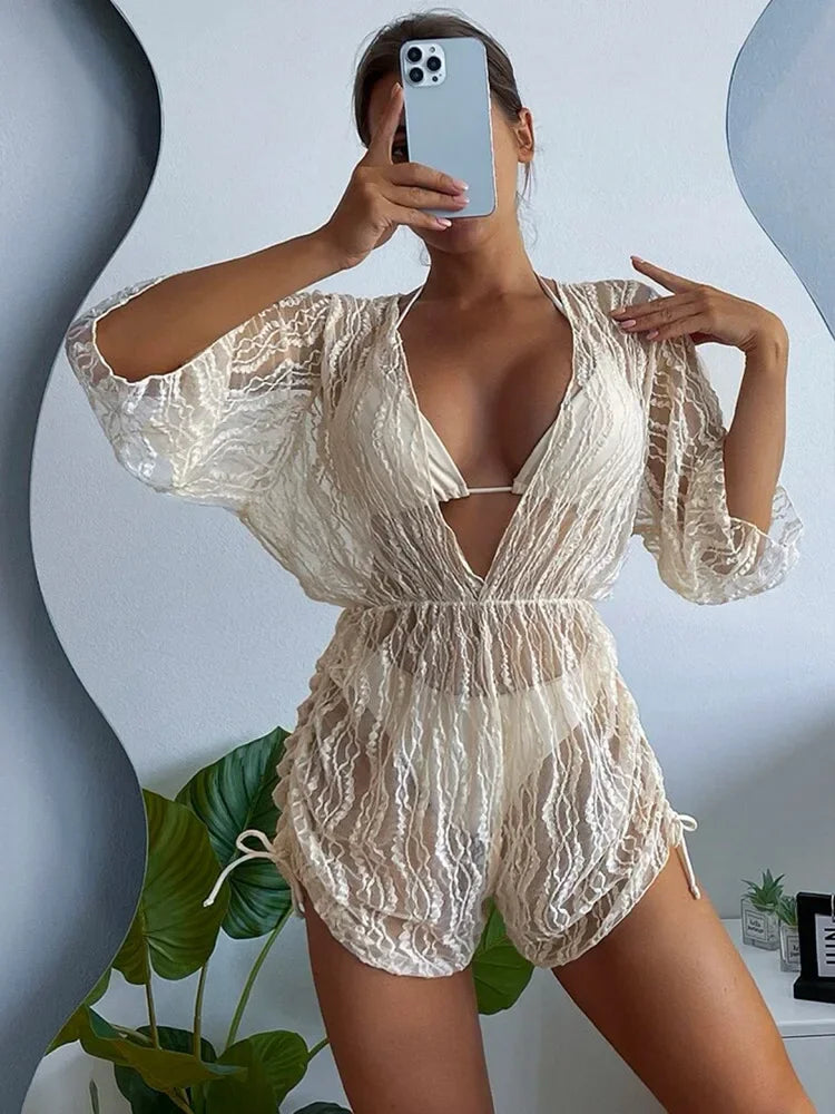 3 Pack Plain V-neck Bikini Set Hollow Out Tunic Loose Cover Up for Woman 2023 Lace Up Halter Triangle Bikini Swimsuit Beachwear