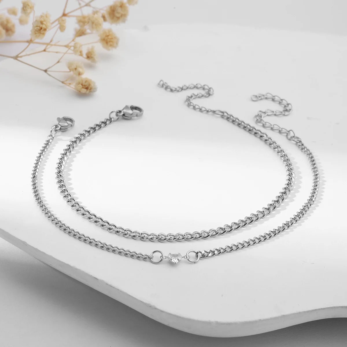 2Pcs Stainless Steel Chain Bracelet Set for Women Men Simple Crystal Heart Adjustable Couple Bracelets Couple Jewelry Gifts