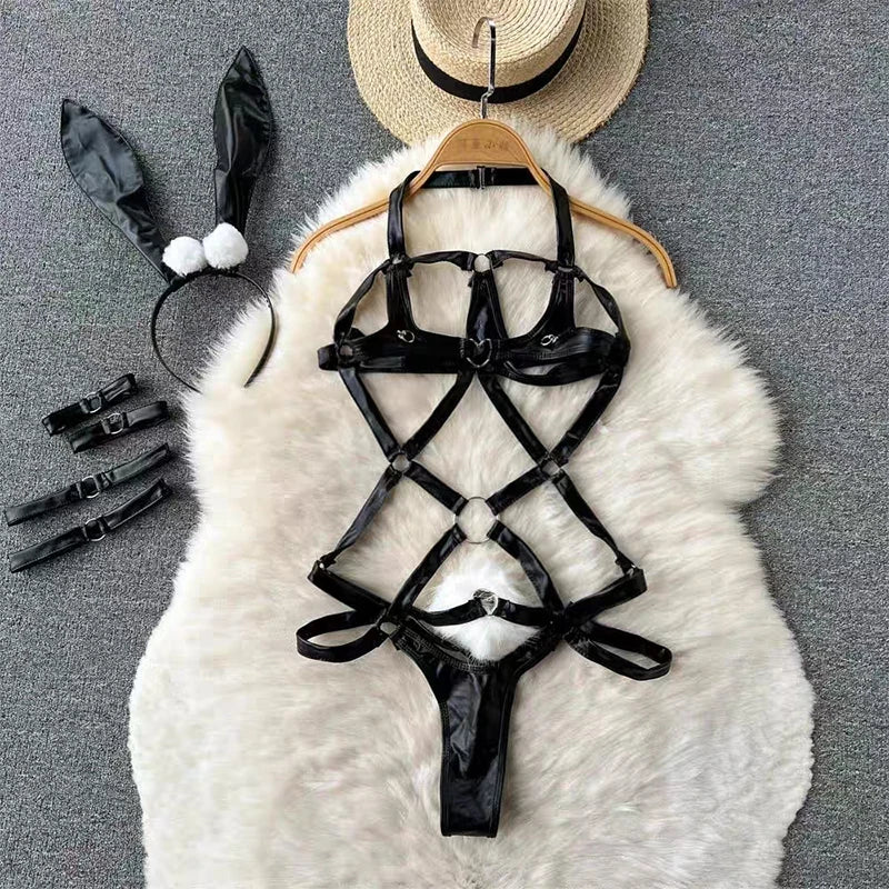 Valentine Party Sleepwear Combination Catsuits Slim Intimate Erotic Mesh Strappy Rompers Women Bodysuits Lingerie Sexy Sets