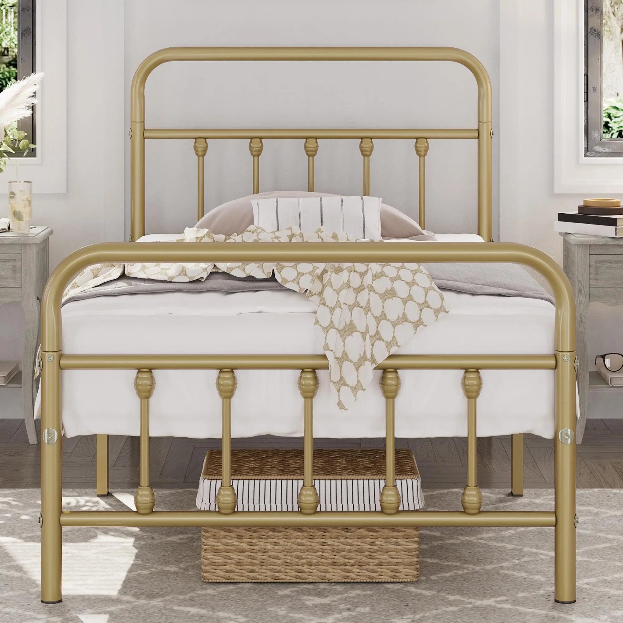 Classic Metal Platform Bed Frame Mattress Foundation with Victorian Style Iron-Art Headboard/Footboard/Under Bed Customized