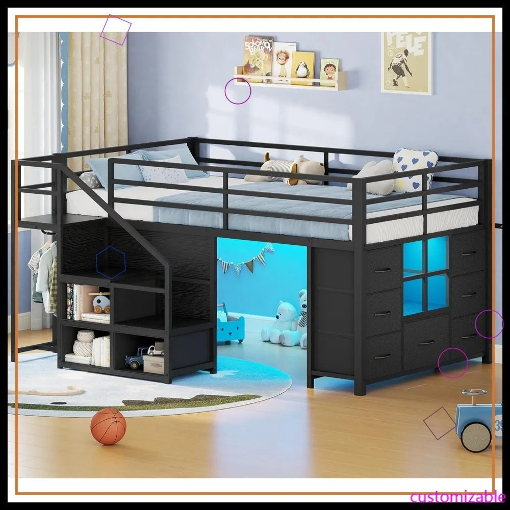 Low Loft Bed Twin Size with Stairs, LED Lights, 7 Drawers & Storage for Kids, Black