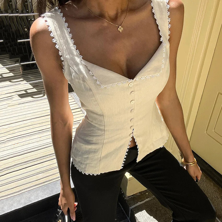 Linad Vintage Khaki Lace Spaghetti Strap Vest 2026 Elegant Square Collar Single Breasted Camis Street Chic Sleeveless Top Female