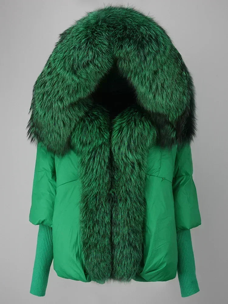 2024 Winter Puffer Jacket Women Real Fox Fur Collar Hooded Natural Thick Warm Loose Oversize Duck Down Coat Streetwear Outerwear