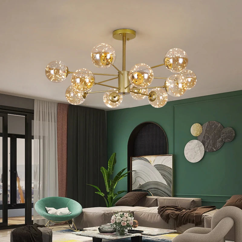 Modern Living Room Glass Ball Chandelier, Ceiling, Dining Room Led Light, Room Decoration, Indoor Lighting, Hanging Chandelier