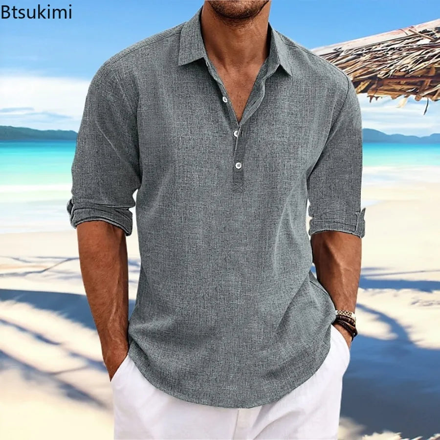 2026 Summer High Quality Men's Casual Cotton Linen Long Sleeve Shirt Solid Color Lapel Button Loose Tops Business Casual Blouse
