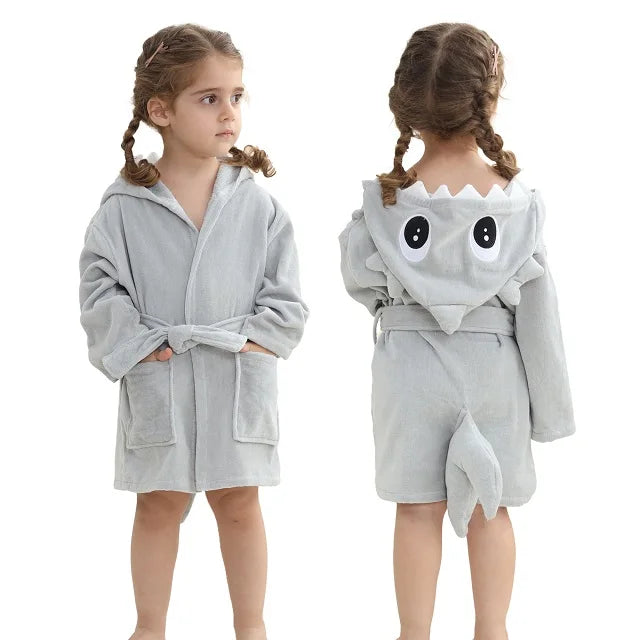 MICHLEY Shark Dinosaur Hooded Baby Bathrobe Cotton Soft Infant Bath Towel Robe Pajamas Solid For Kids Boy Girl Children 1-5T