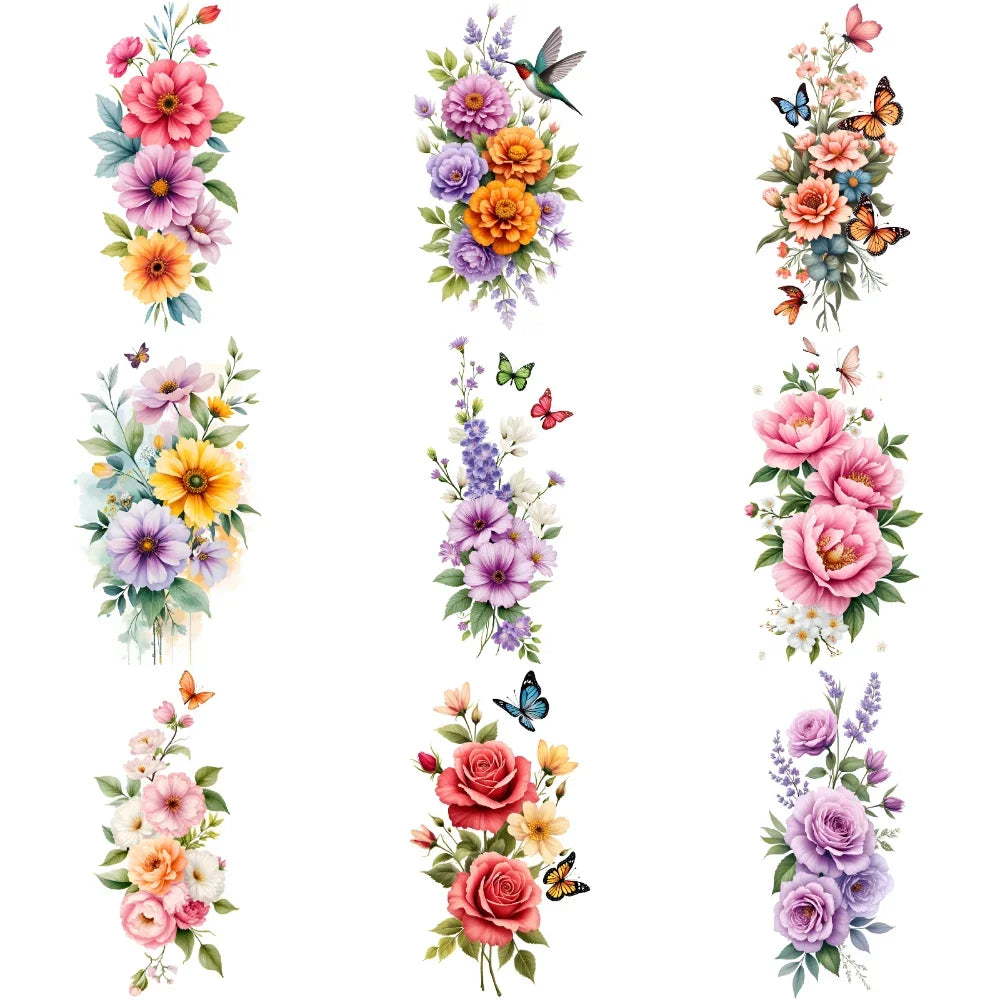 9pcs Colorful Flower Temporary Tattoos Stickers 3D Disposable Body Arm Tatoo Sticker Men Women Waterproof Fake Tatoos