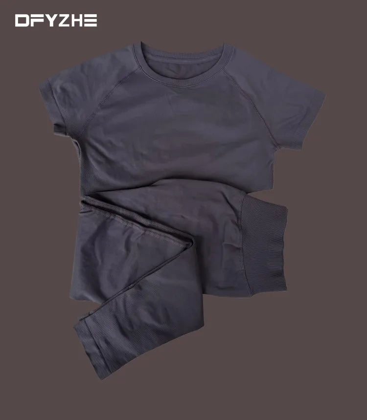 summer new T-shirt long pants two-piece set round neck short sleeved tight pants, yoga fitness tight pants, running sports set