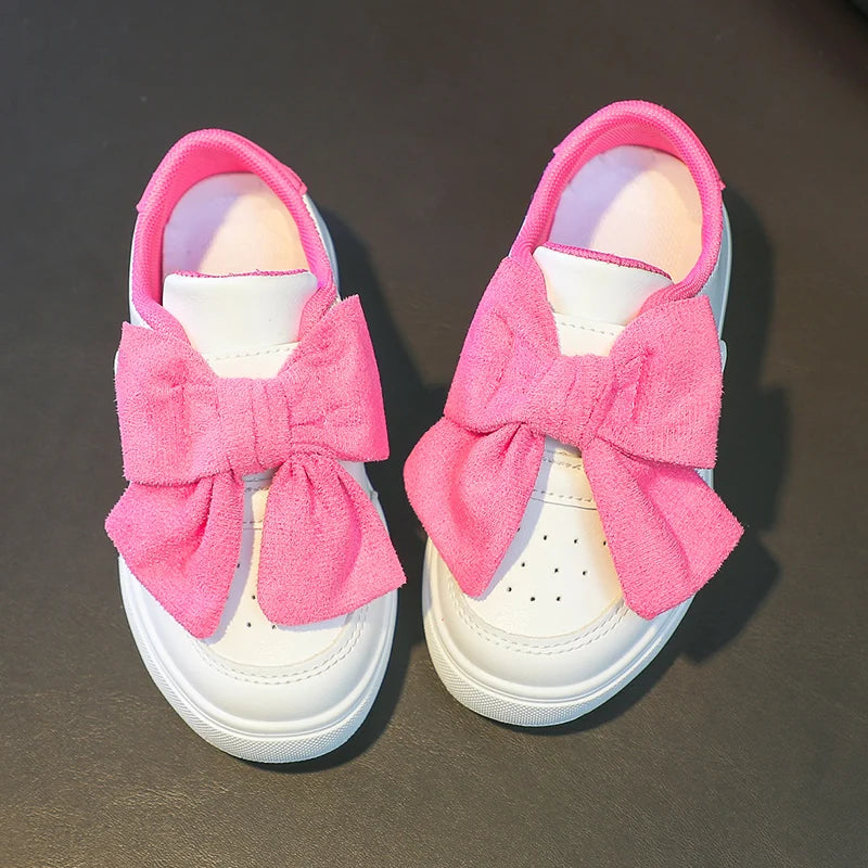 Little Kids Sneakers for Girls 2026 Spring Autumn Fashion White Skate Shoes Girls Casual Shoes with Big Pink Bow-knot Hot Sale