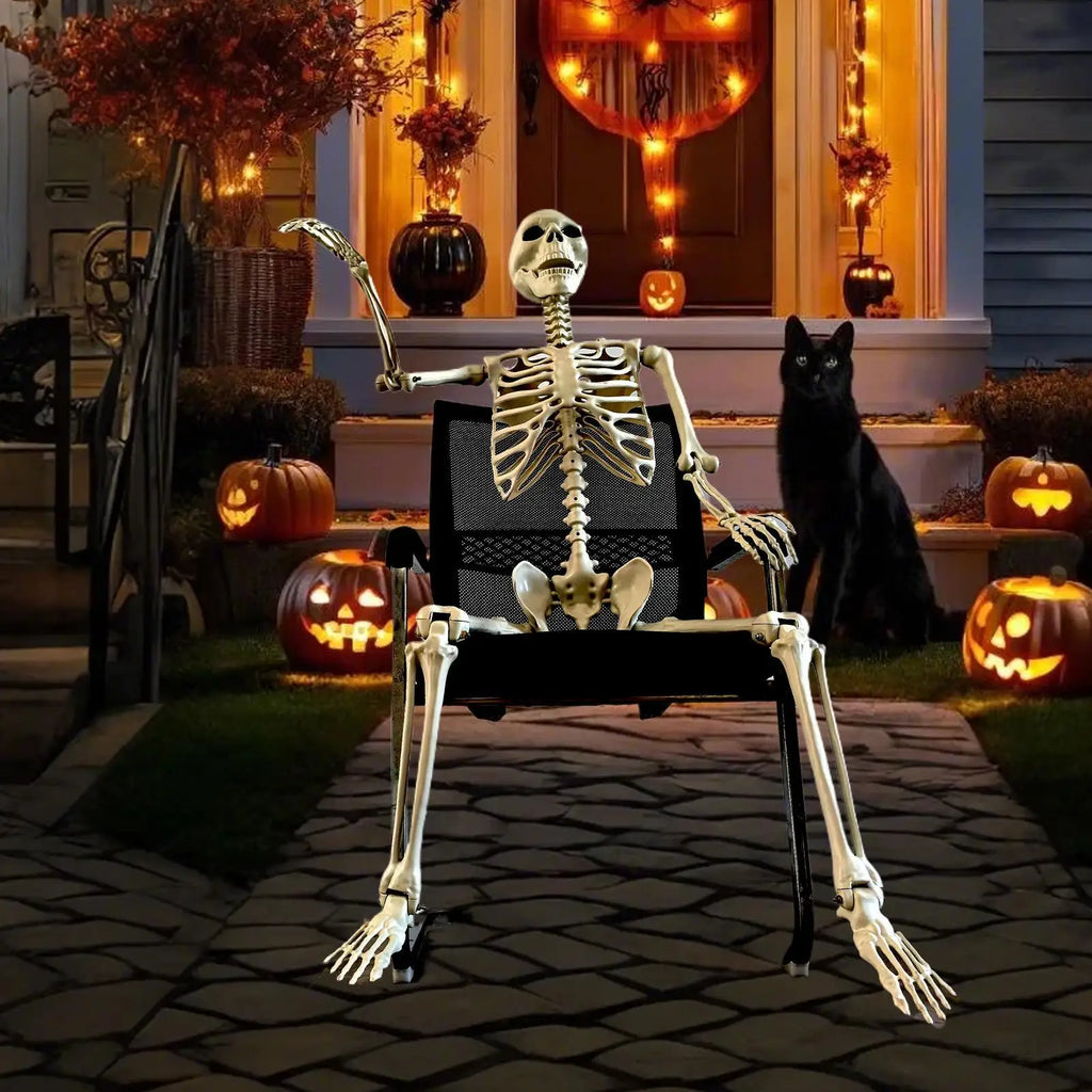 Full Life Size Haunted House Movable Skeleton Prop with Poseable Fake Human Skull Bones for Halloween Party Decoration