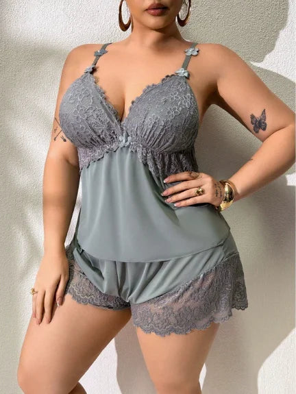 Plus Size Lace Trim Satin Sleepwear Set Deep V Neck Strap Design Home Comfortable Cool Sensual Underwear Ensemble for plus Size