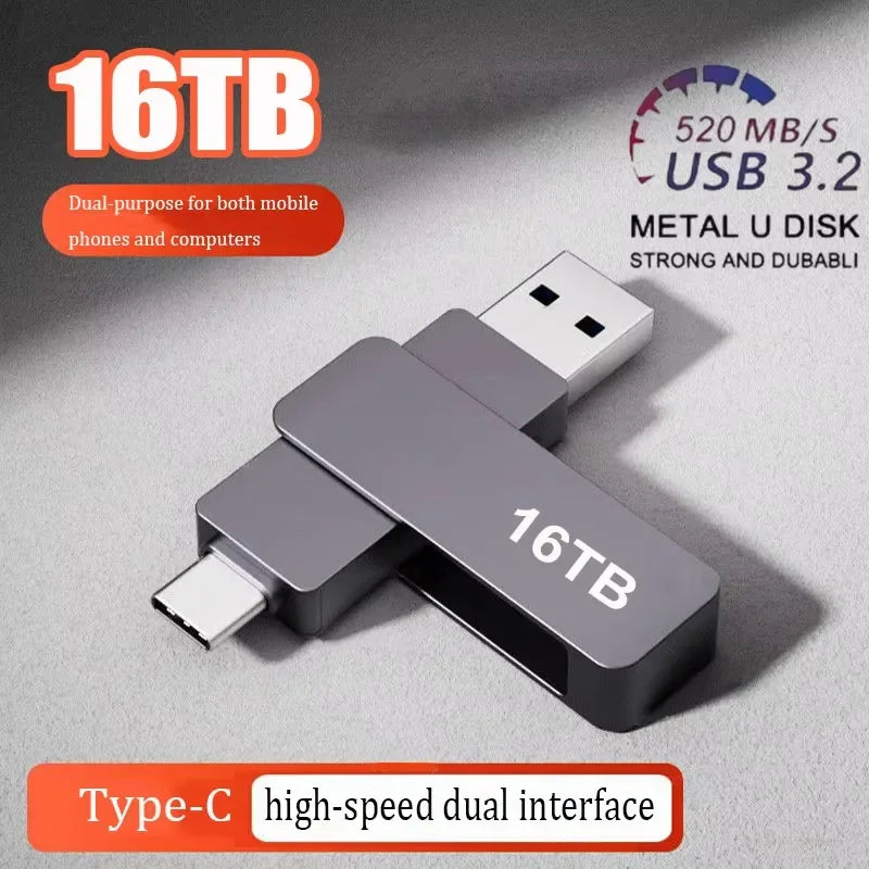 16TB Flash Drive USB 3.2 High Speed Metal Transfer Waterproof C Disk Type-C Large Storage for Phone Computer PC Data New 2026