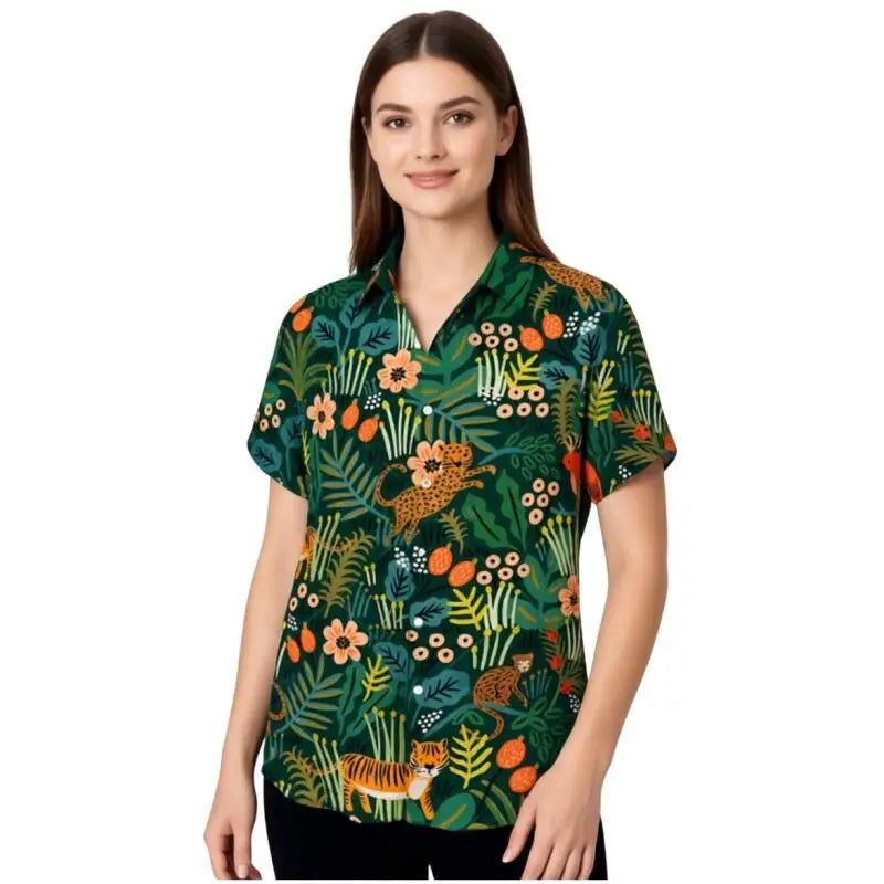 Men Tropical Jungle Animal Print Hawaiian Shirt Short Sleeve Button Down Casual Loose Fit Beach Shirt For Summer Vacation Holida