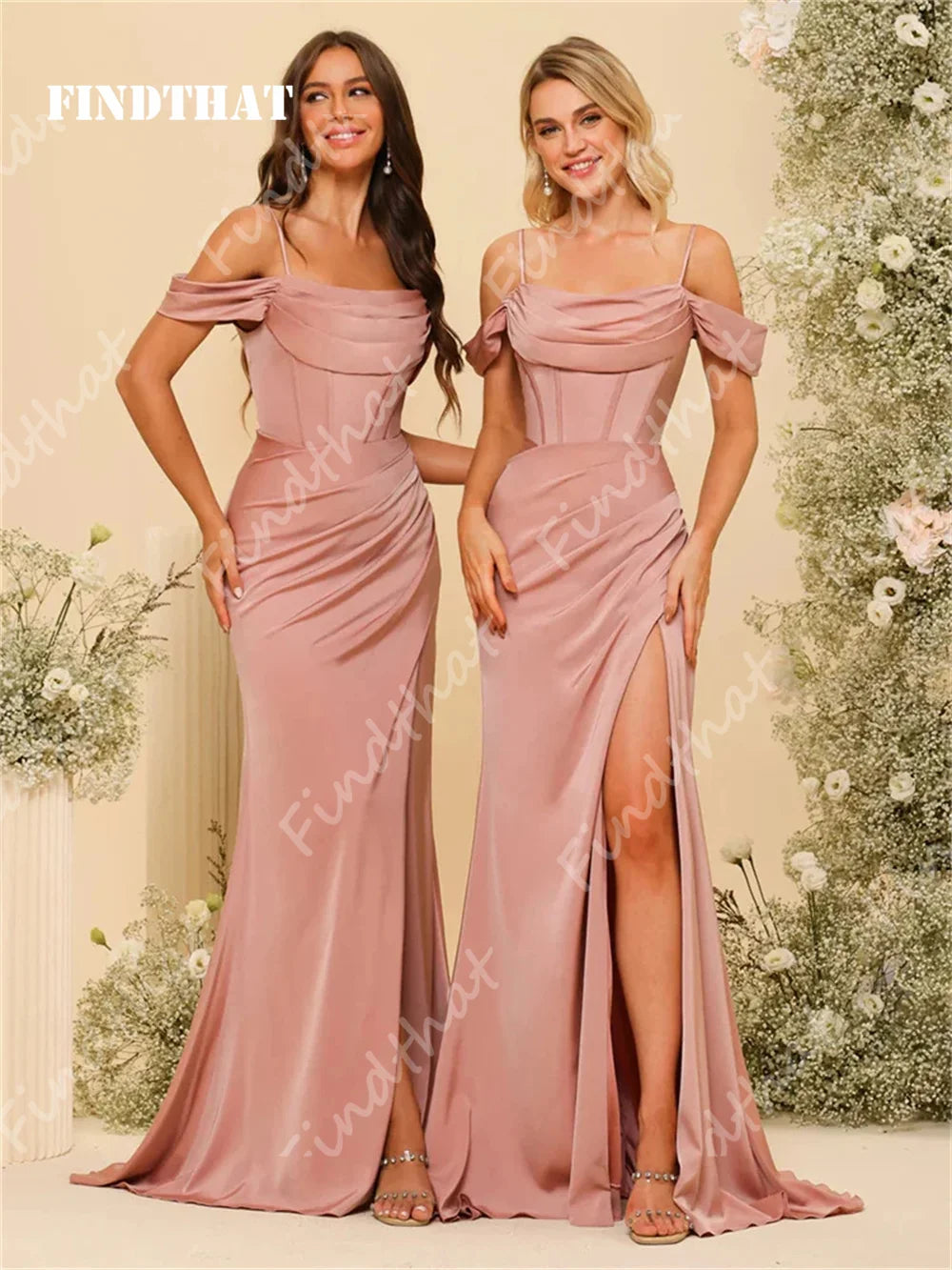 Findthat Off Shoulder Spaghetti Straps Satin Bridesmaid Dresses Elegant Zipper Back Evening Gown Wedding Guests Dress Customized