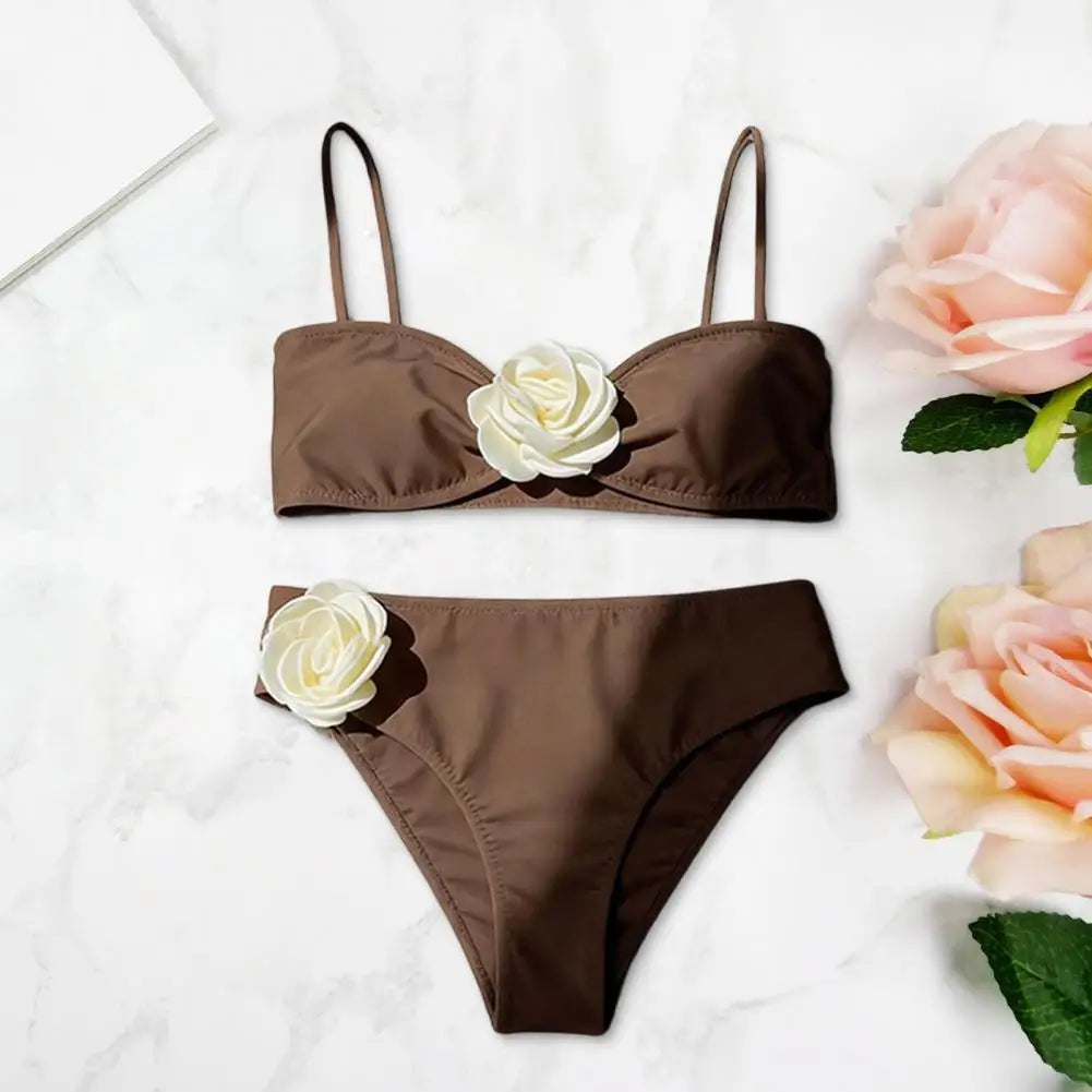 New Women Bikini Set 3D Flower Decor Adjustable Straps Tube Top Bikini Bra High Waist Swimming Trunks Set Sexy Beach Swimwear