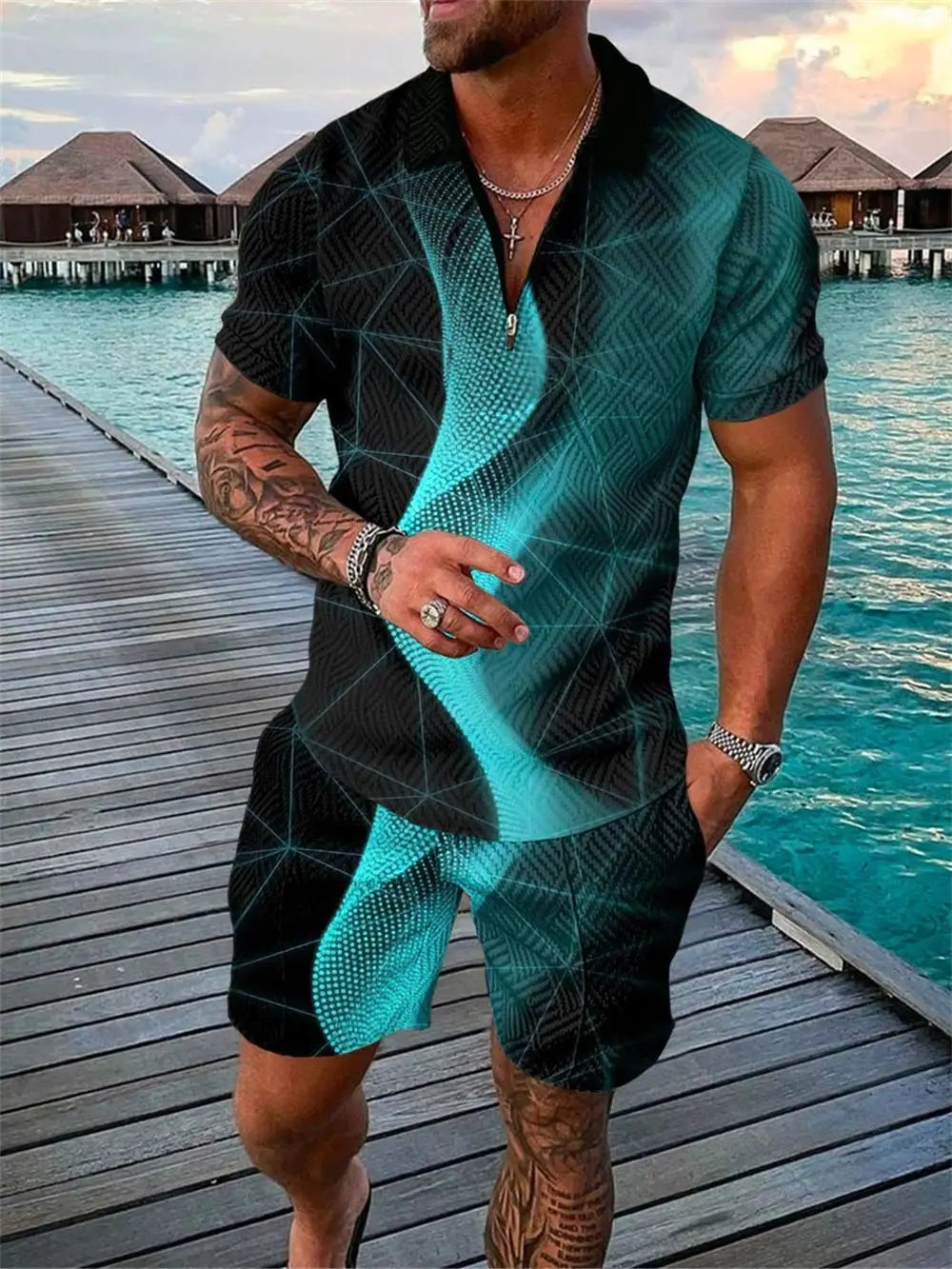 2026 Summer Men Matching Set Short Sleeve Polo Shirt Shorts Breathable Vacation Sports 2 Piece Outfits Men's Short Suit Set