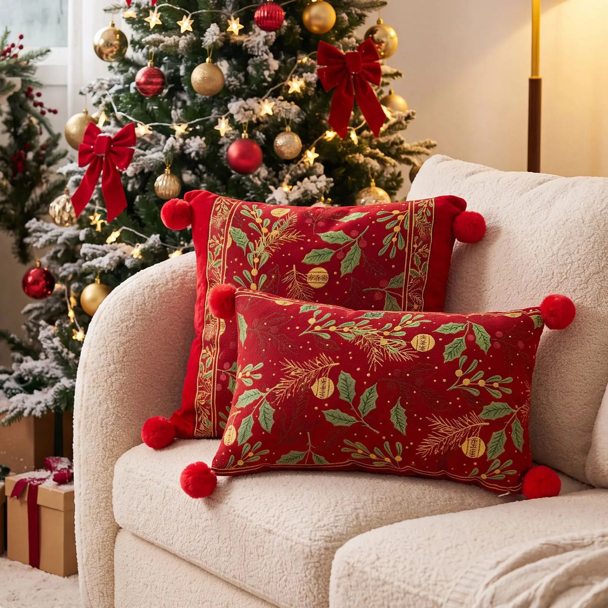 Christmas Red Jacquard Throw Pillow Cover Cartoon Elk Snowflake Christmas Pillowcase Plush Sofa Decor Cushion Covers 45x45cm