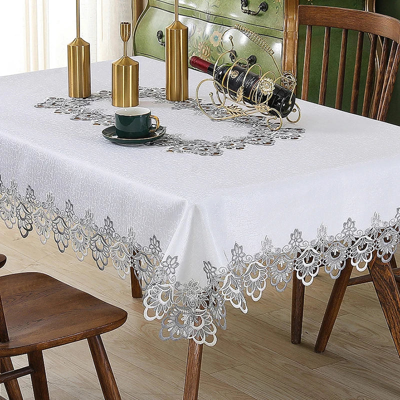 Battilo Lace Embroidery Tablecloth White Floral Rectangle Table Cloth Waterproof Table Cover For Dining Table Wedding Party Home